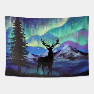 Snowy Mountain Pine Tree Starry Night Sky Deer Silhouette Northern Lights Tapestry