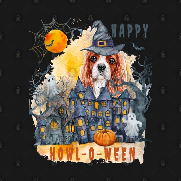 Cavalier King Charles Spaniel Happy Howl-o-ween Ghost Houses Funny Watercolor by Sniffist Gang