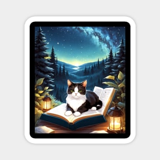 Cat Reading Under the Stars, Graphic Design With Animals Magnet