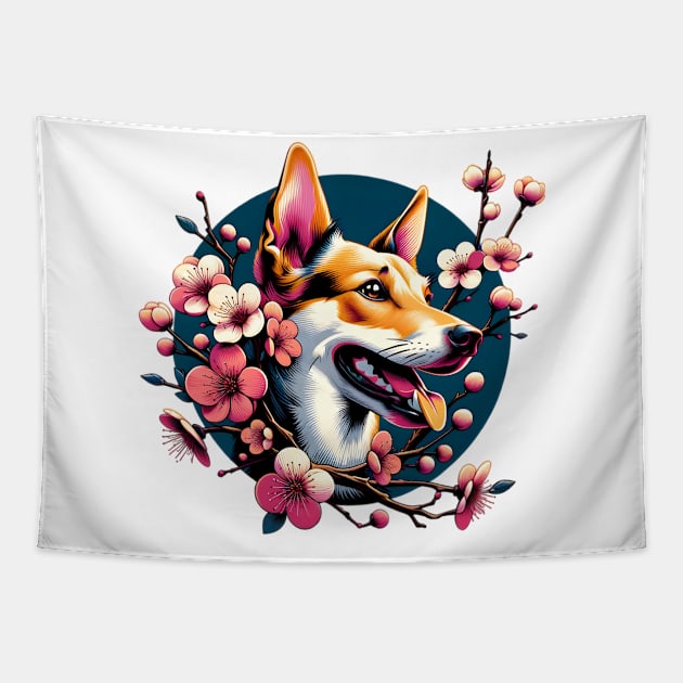 Portuguese Podengo Pequeno and Spring's Cherry Blossoms Tapestry by ArtRUs