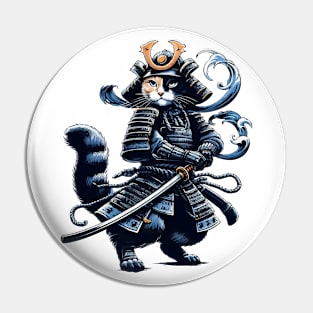 Cool Retro Cat Samurai Portrait Ninja Japan Art Pin