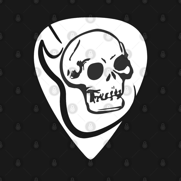 White guitar pick with a dark skull and textured guitar silhouette. Rock/Roll lovers. by Rebeldía Pura