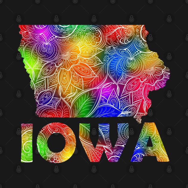 Colorful mandala art map of Iowa with text in multicolor pattern by Happy Citizen