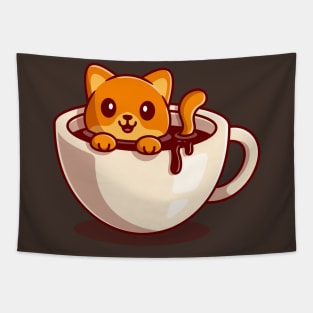 Cute Cat Swimming in Coffee Cartoon Tapestry