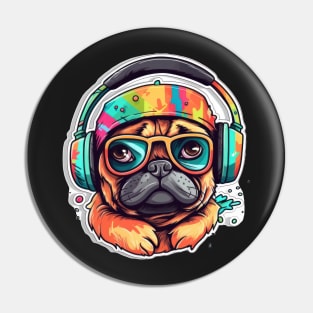 Cute Little Pug wearing Headphone Pin