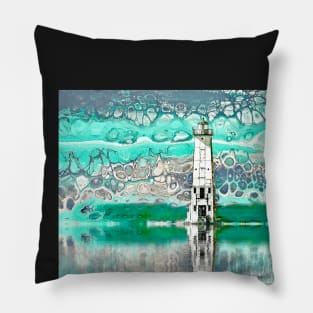 "Frankfort Lighthouse Reflections - Teal" - Fluid Art Pillow