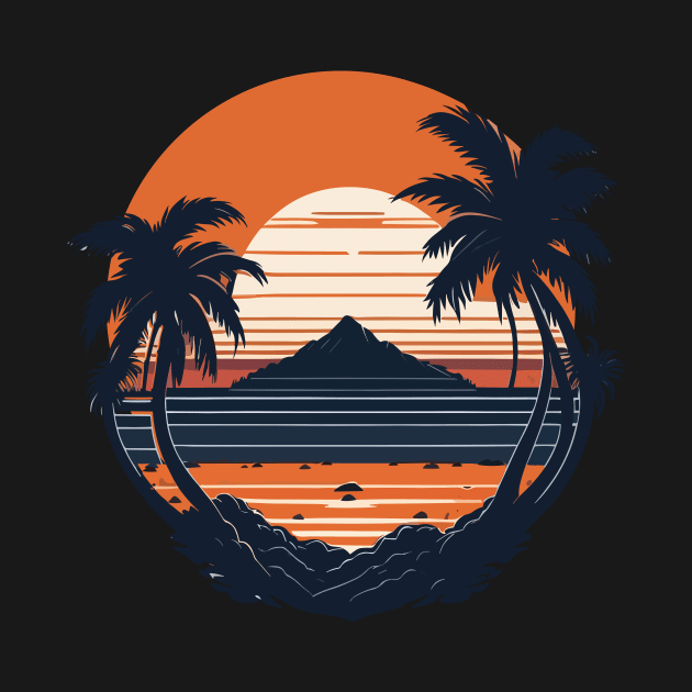 Retro Vintage sunset beach mountain ocean and palm by Henok D.