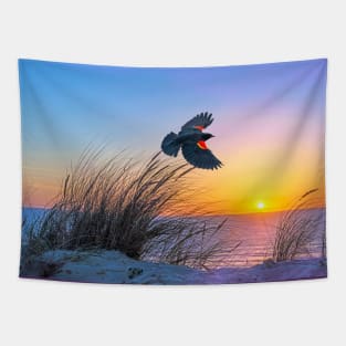 Red Winged Blackbird at Sunset Tapestry