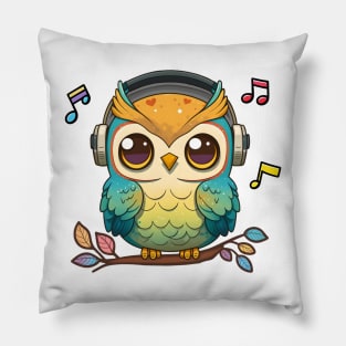 Musical Owl Perched on a Colorful Tree Pillow