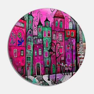 Abstract Town Whimsical Colorful Digital Print Pin