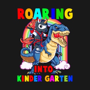 Ninja Unicorn Driving Dinosaur Roaring Into Kinder Garten T-Shirt