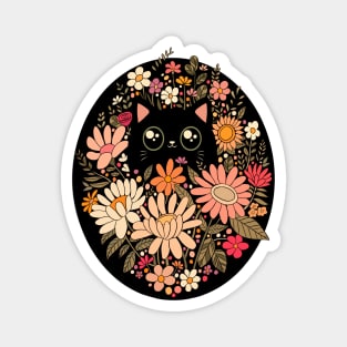 Cute Boho black cat with pink wildflowe Magnet