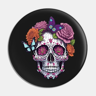 Funny Sugar Candy Skull With Flowers Pin