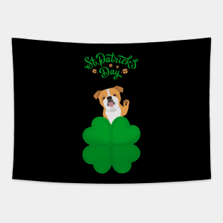 English Bulldog Dog behind Cloverleaf with St. Patrick's Day Sign Tapestry