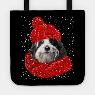 Tibetan Terrier Wearing Red Hat And Scarf Christmas Tote