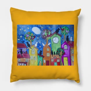 Black and White Cats on Colourful Roofs Moon Gazing Pillow