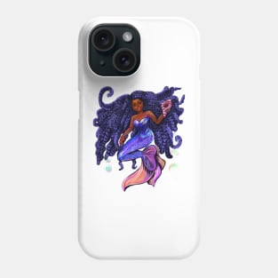 mermaid with flowing braids holding sea shell , brown eyes curly Afro hair and caramel brown skin Phone Case