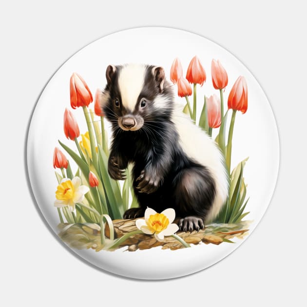 Cute Skunk with Tulips Pin by tfortwo