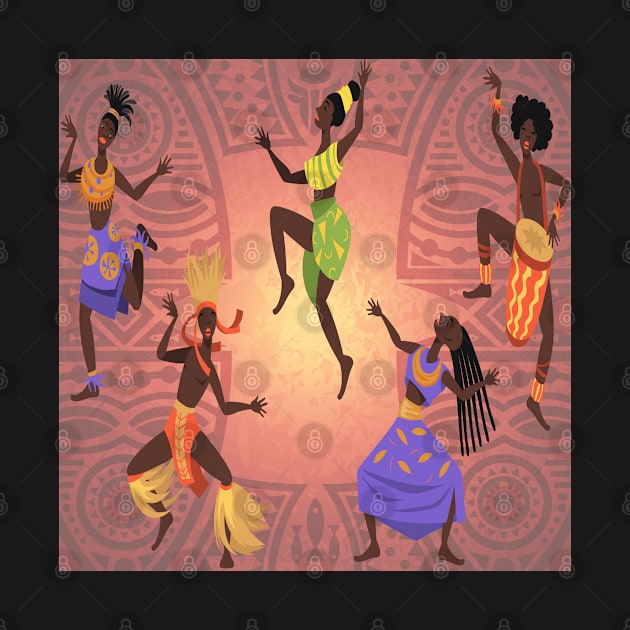 African female dancers. Cartoon aboriginal people dancing folk ritual dance modern vector poster. Traditional african background by Modern Art