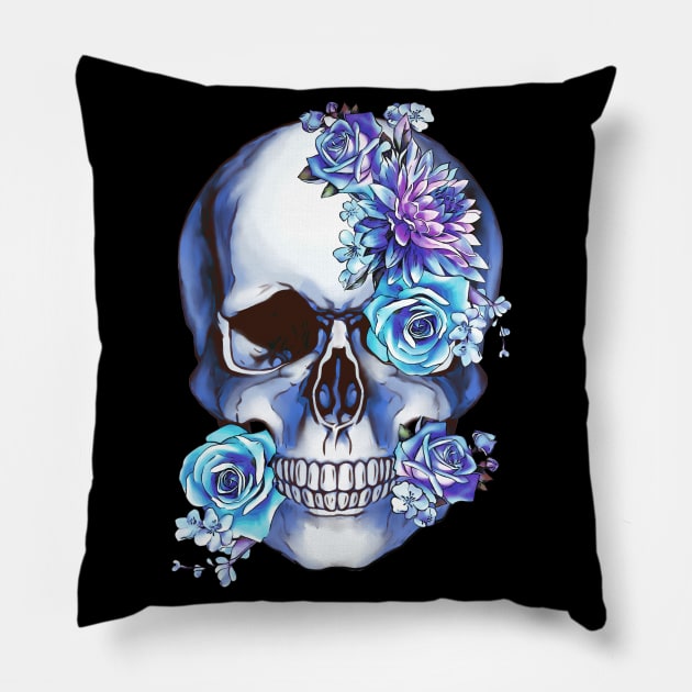 Skull blue flowers Pillow by Collagedream