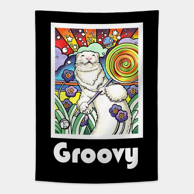 Cosmic Lollipop Ferret - Groovy - White Outlined Version Tapestry by Nat Ewert Art