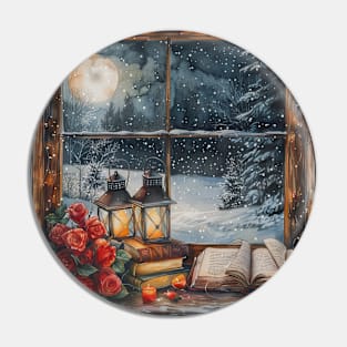 Fantasy winter starry night window Pin