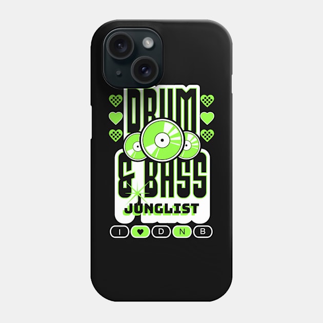 DRUM AND BASS  - 3 Records & Hearts Logo (White/Lime) Phone Case by DISCOTHREADZ 