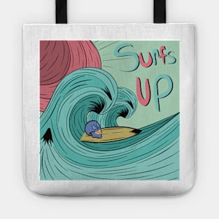 Skull on a surf board riding a wave Tote