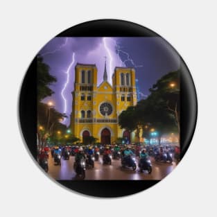 Iconic World Landmarks During A Thunderstorm: Norte Dame Cathedral Saigon Pin