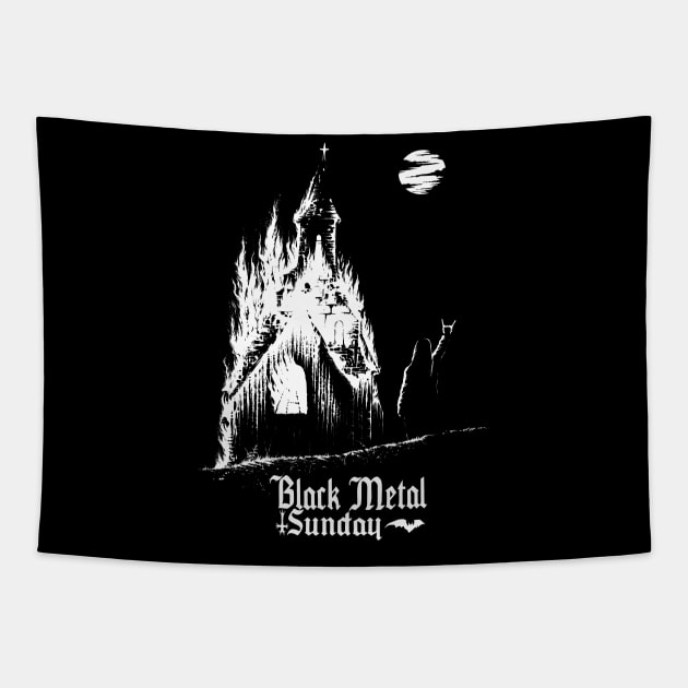 Black Metal Burning Church Tapestry by wildsidecomix