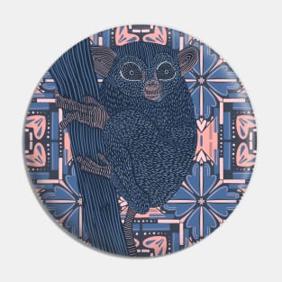 Cute Tarsier on a Modern Pink and Blue Pattern Background Pin