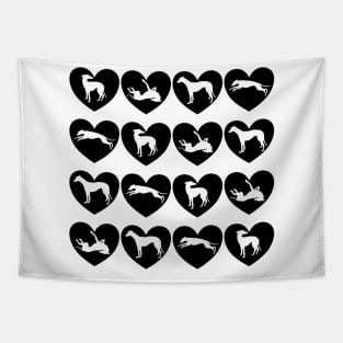 Greyhound Silhouettes Inside Black Love Hearts Tapestry