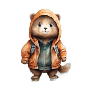 Watercolor Cartoon Beaver in a Hoodie T-Shirt