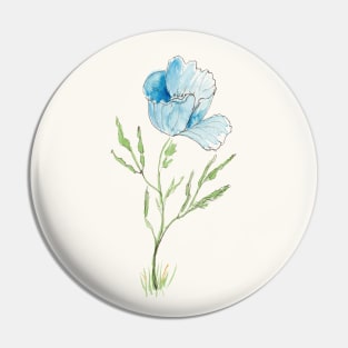 Blue Poppy Sketch in Pen, Ink and Watercolor Pin