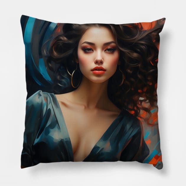 Modern Stunning Brunette Woman — Blue Black Red & Gray Background Pillow by StudioX27