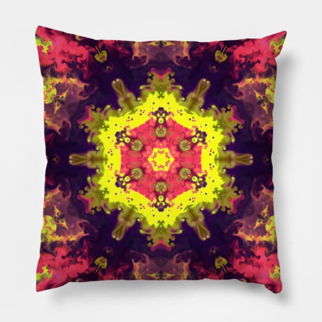 Yellow and Pink Smoke Kaleidoscope Pattern Pillow by WormholeOrbital