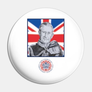 King Charles III Charcoal Portrait on Union Jack Pin