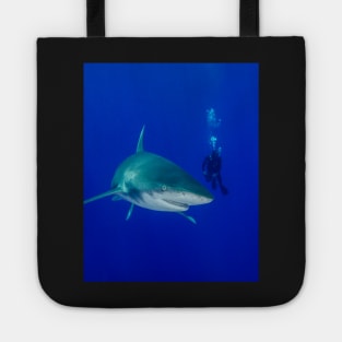 Scuba Diver and Oceanic White Tip Shark Tote