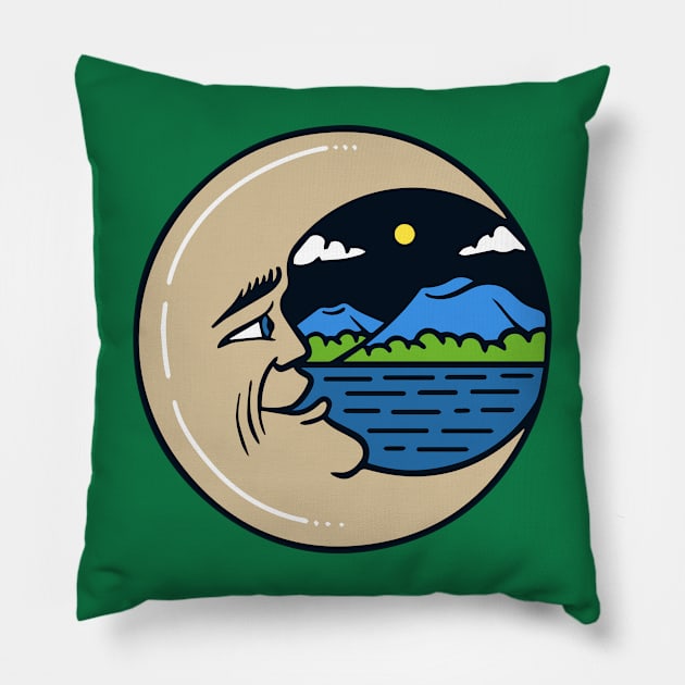 crescent moon mountain view illustration Pillow by Mako Design 