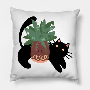 The Black Cat with its Plant | Cute Handmade Illustrations | By Atelier Serakara Pillow