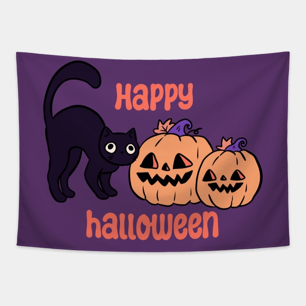 Happy halloween Cute black cat and pumpkin heads Tapestry by Yarafantasyart