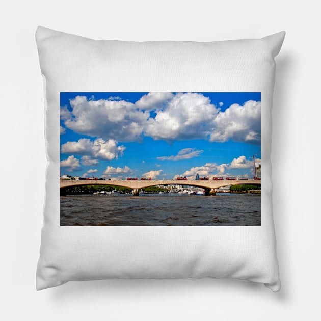 Red London Buses Waterloo Bridge England Pillow by AndyEvansPhotos