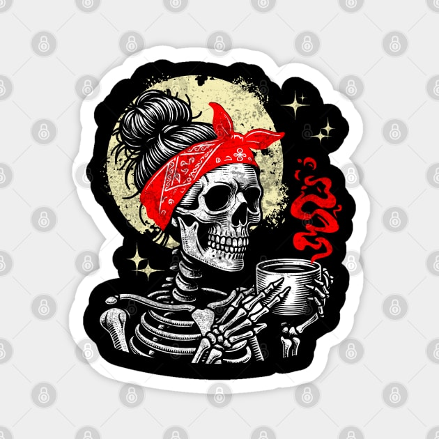 Skeleton Woman Drinking Coffee Gothic Caffeine Addict Spooky Magnet by Yesteeyear
