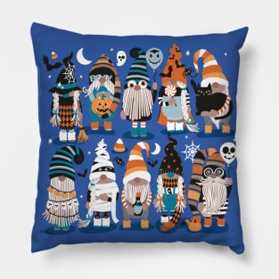 Boo-tiful gnomes // cobalt blue background fun little creatures black grey pastel blue and orange dressed for halloween Pillow