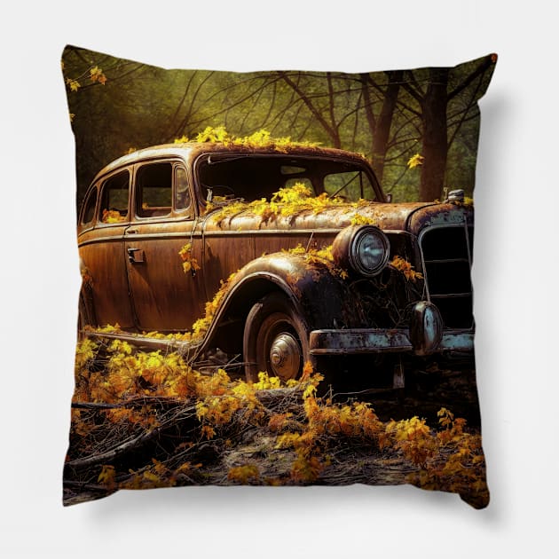 Abandoned Classic Car in the Woods - Automobile Pillow by jecphotography