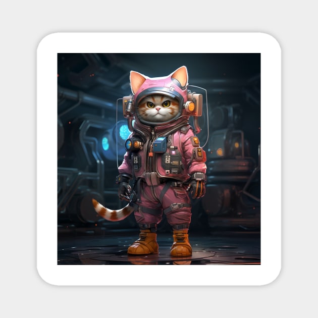 Cosmic Cat in Cyberpunk Spacesuit: Cool Futuristic Realistic Painting Magnet by Hakubiya