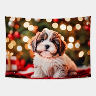 Cute Havanese Puppy Dog by Christmas Tree Tapestry