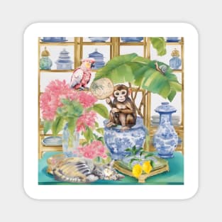 Monkey, pink cockatoo parrot and tabby cat in chinoiserie interior Magnet