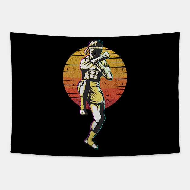 Muay Thai Fighter Silhouette Sunset Art Tapestry by USProudness