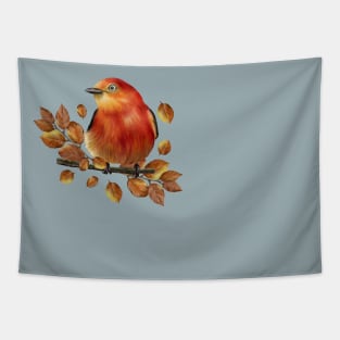 Little red bird with dried leaves. Tapestry